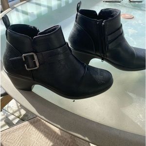 These leather black boots, brand unknown size 8 1/2 are worn, but in great shape